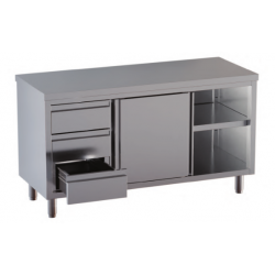 Tavolo inox cm. 150x70 armadiato con 3 cassetti a sx