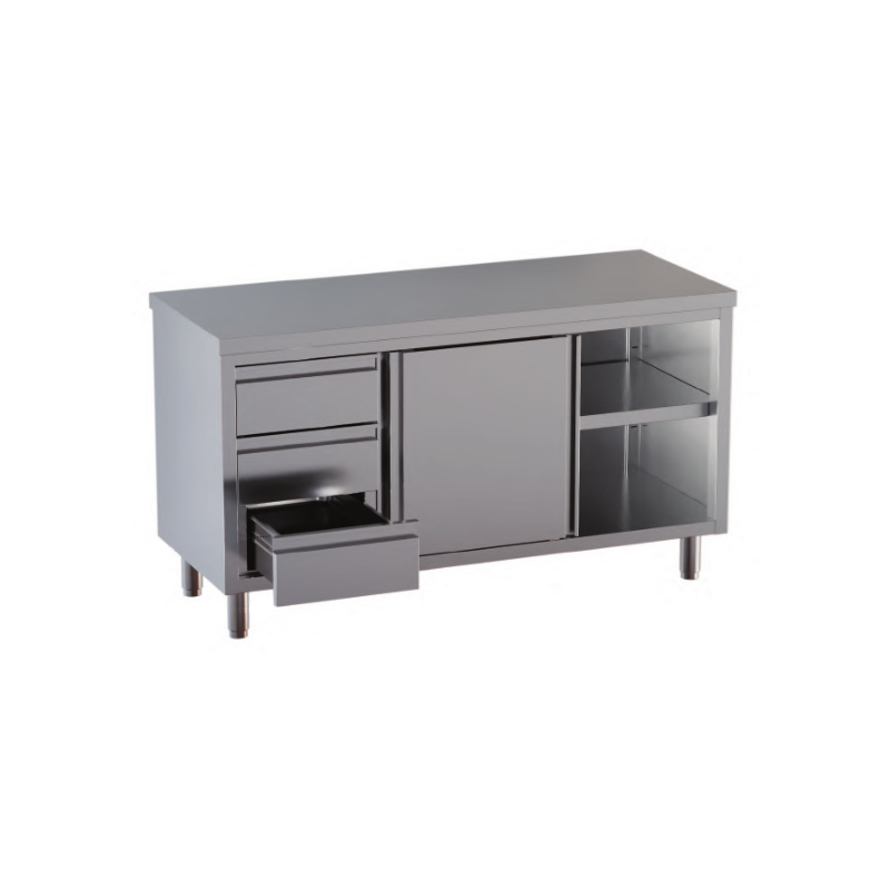 Tavolo inox cm. 150x70 armadiato con 3 cassetti a sx