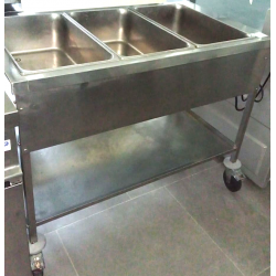 Carrello inox cm. 110x60 su ruote con 3 vasche cm. 50x30 riscaldate bagnomaria