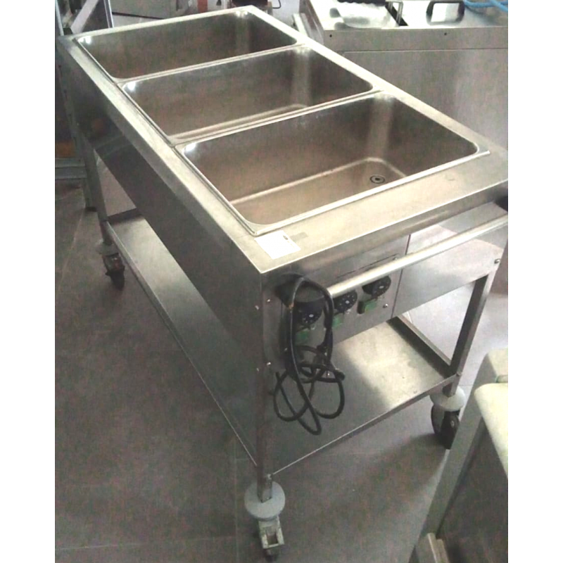 Carrello inox cm. 110x60 su ruote con 3 vasche cm. 50x30 riscaldate bagnomaria