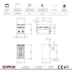 Cucina 2 fuochi a gas serie 65 da appoggio Offcar, potenza gas 9,5 kw, allaccio tubo 1/2", misure cm. 35x63x28,5